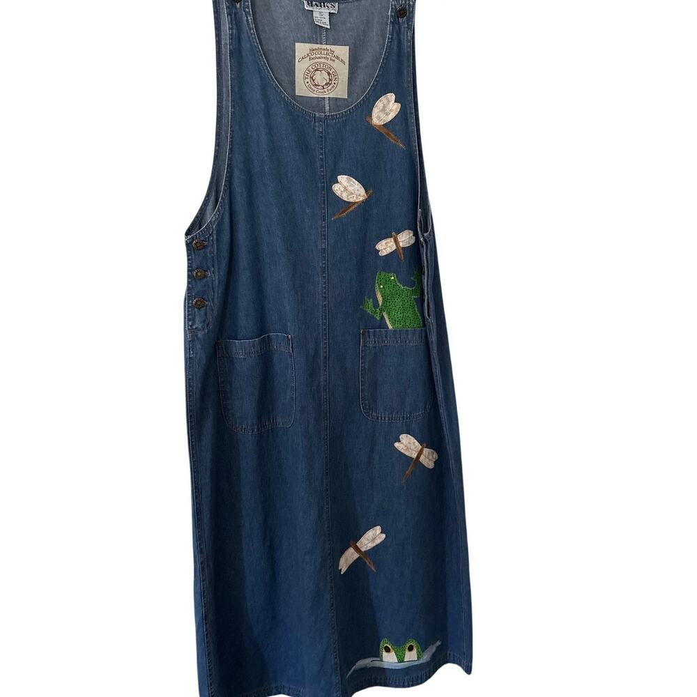 Haiks Vintage Denim Frog Dragonfly Applique Jumper Maxi Dress XL Cotton